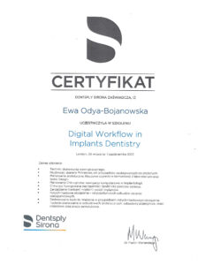 certyfikat digital workflow in implamnts dentistry Ewa Odya-Bojanowska
