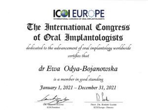certyfikat international congress of oral implantologists Ewa Odya-Bojanowska